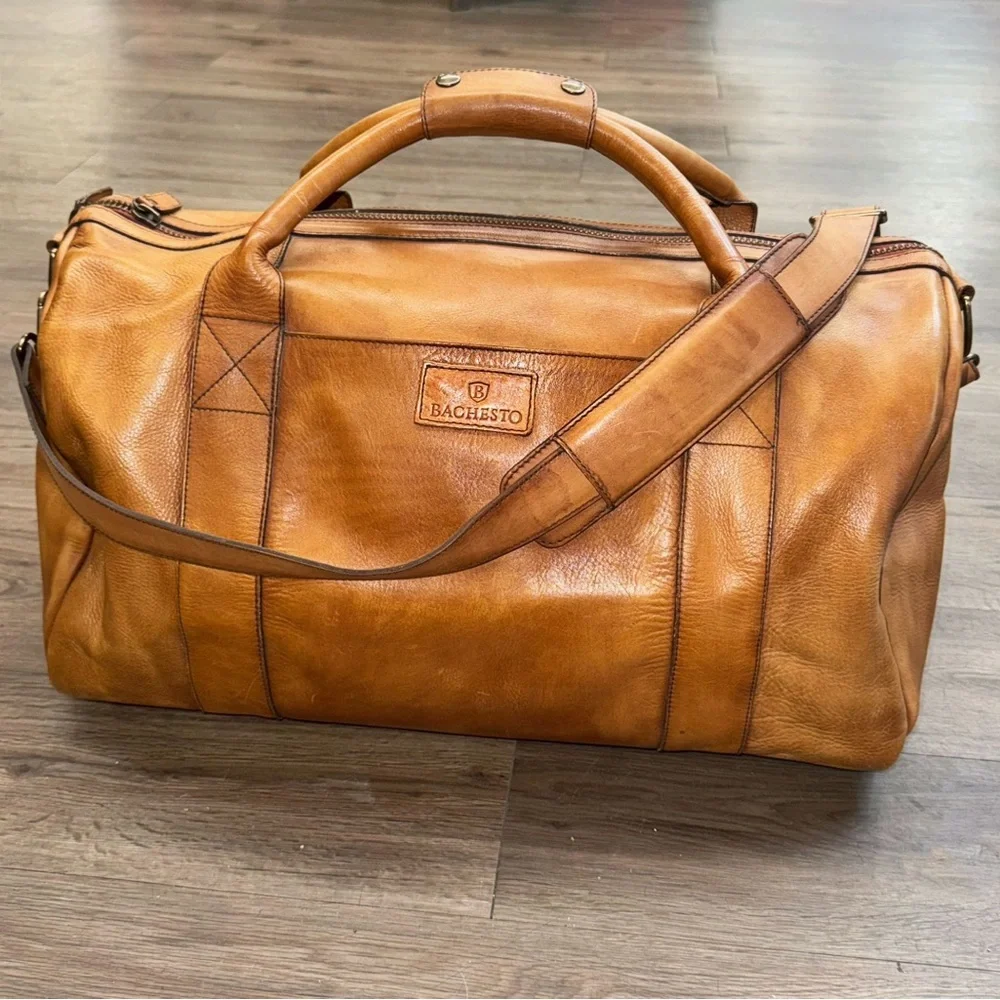 Premium Tan Leather Weekender Bag 100% Genuine Leather Duffel Carry On Travel - Picture 2 of 6
